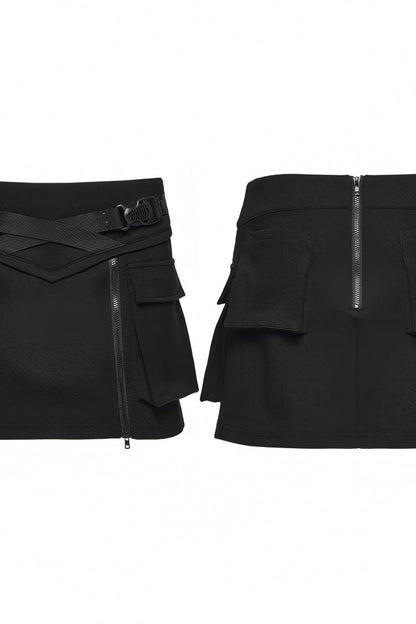 Black Lace-Up Zippered Women's Punk Cool  Big Pockets Techwear Skirt