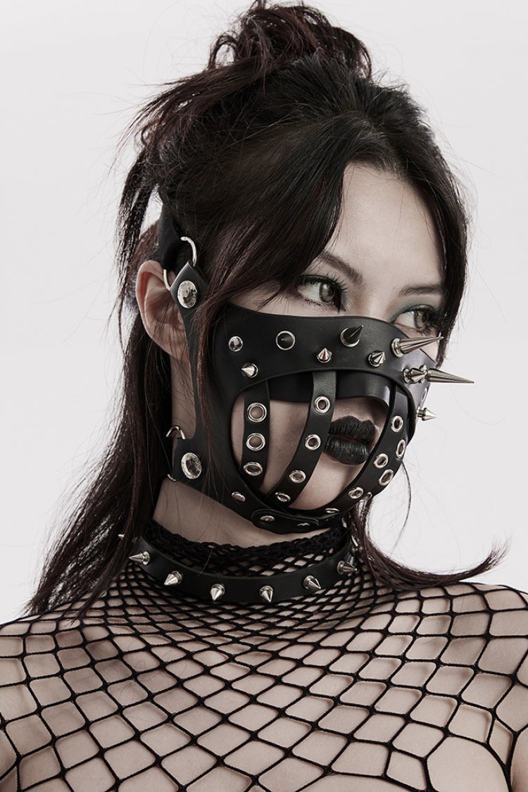Black Faux Leather Metal Rivet Decoration Women's Steampunk Mask