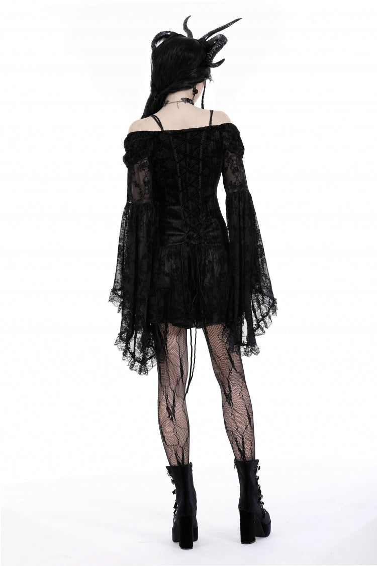 Black Off Shoulder Long Trumpet Sleeves Velvet Spliced Mesh Women's Gothic Graduation Dress