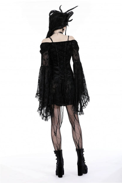 Black Off Shoulder Long Trumpet Sleeves Velvet Spliced Mesh Women's Gothic Graduation Dress
