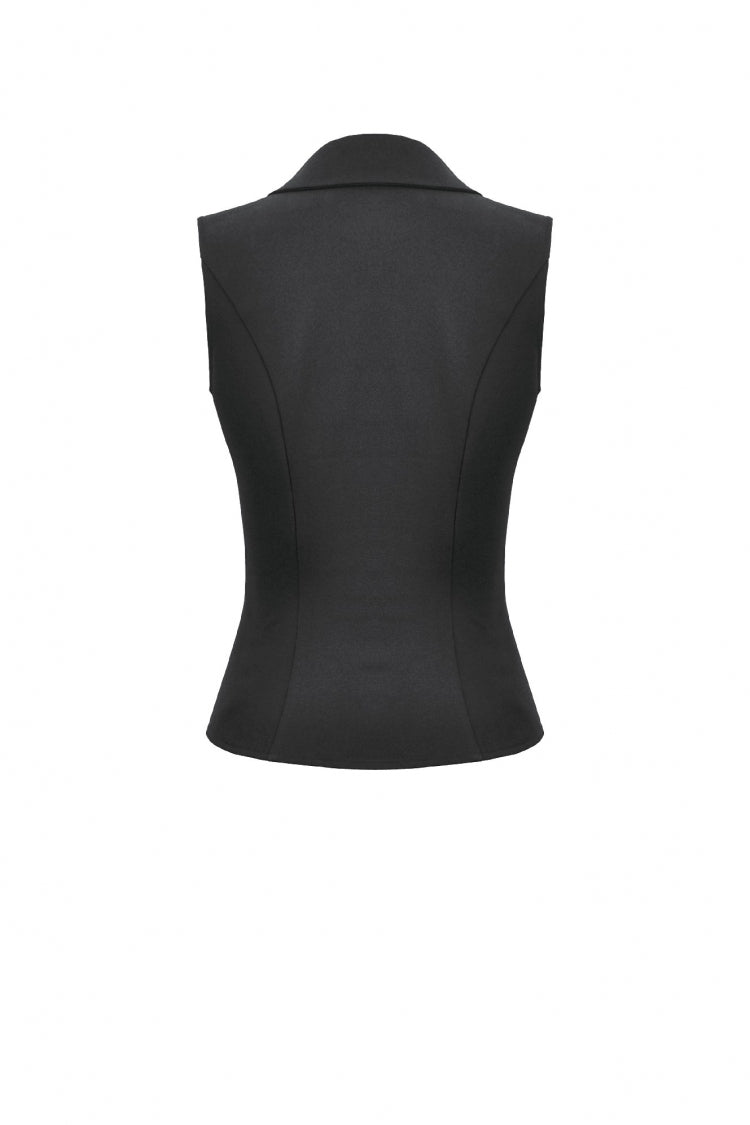 Black Lapel Collar Sleeveless Lace-Up Studded Zippered Eyelet Women's Punk Vest