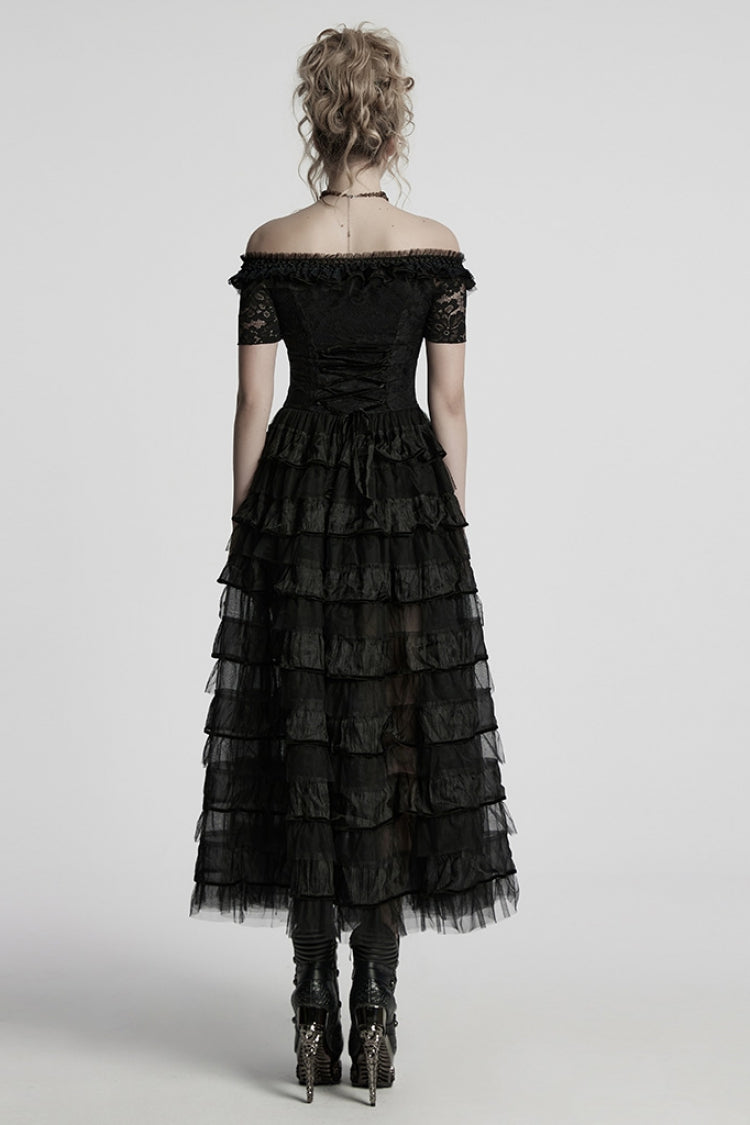 Black Off Shoulder Short Sleeves Multi-Layered Embroidery Women's Punk Dress