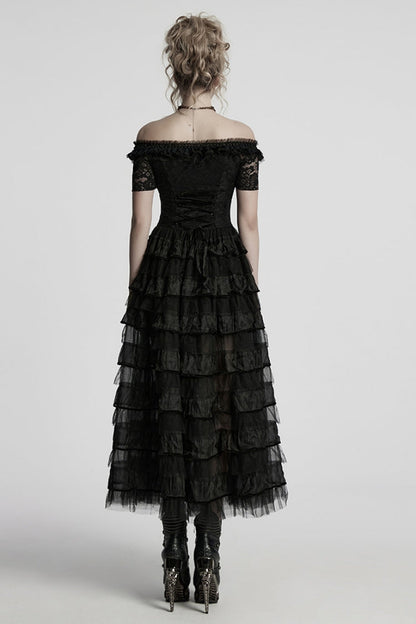 Black Off Shoulder Short Sleeves Multi-Layered Embroidery Women's Punk Dress