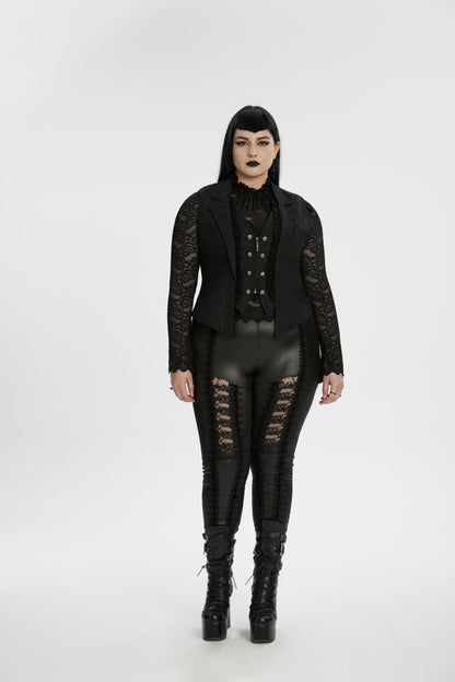 Black Lapel Collar Jacquard Spliced Lace Faux Two-Piece Pleated Women's Plus Size Gothic Vest