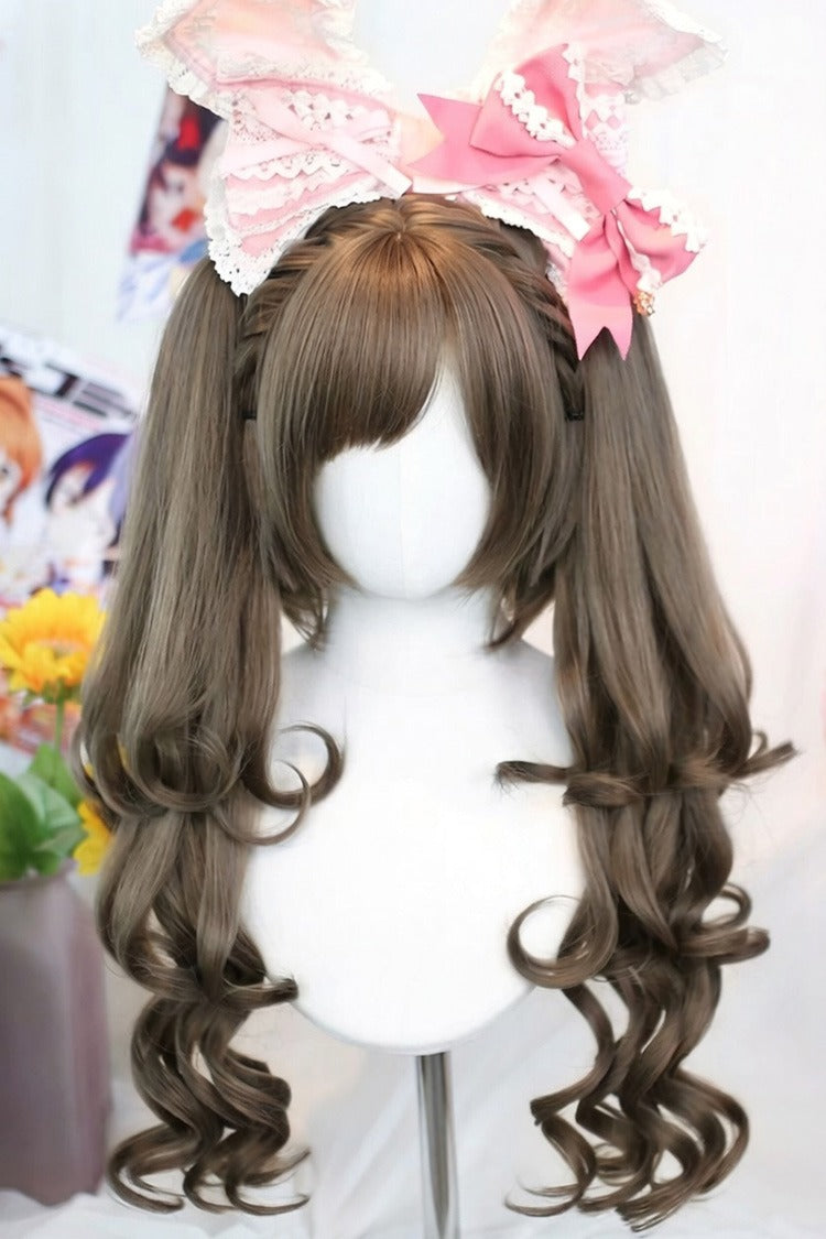 Ash Brown Side-Swept Bangs Sweet Lolita Twin Pigtails Wig Set