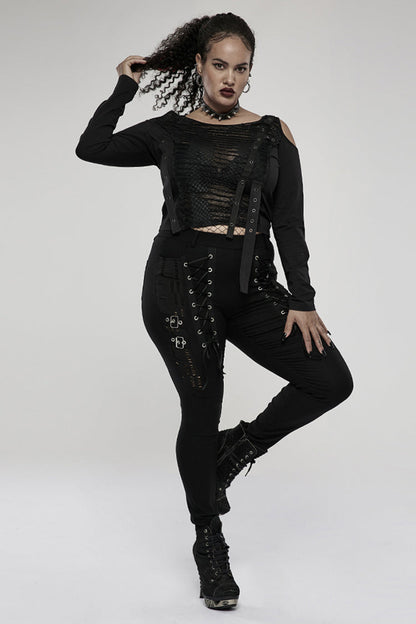 Black Elasticity Knitting Holes Design Cross Tied Rope Decoration Sexy Tight Women's Plus Size Punk Trousers