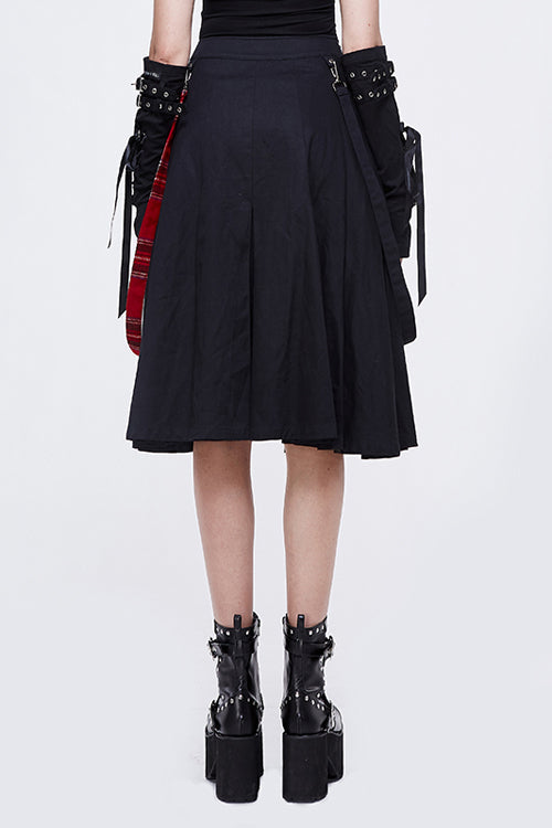 Black And Red Young Girls Fake 2 Pieces Scottish Plaid With Adjust Loops Punk Skirt