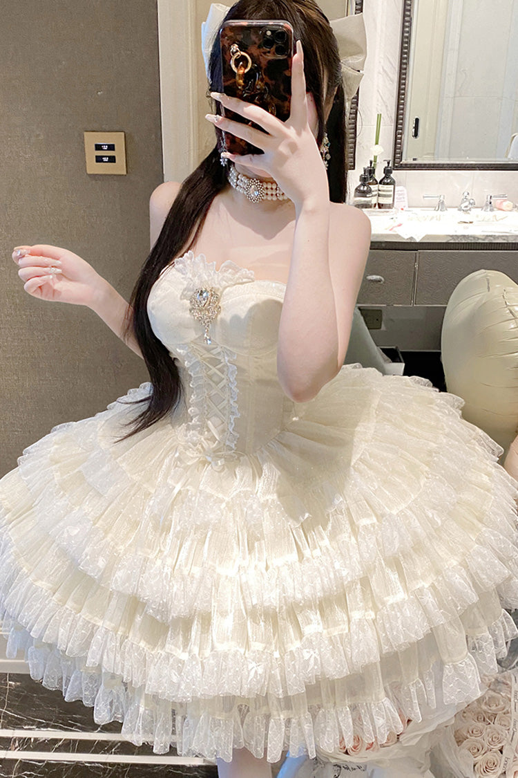 Beige [Heartbeat at First Sight] Off Shoulder Sleeveless Multi-Layered Ruffle Bowknot Lace Lace-Up Sweet Princess Gorgeous Lolita Dress