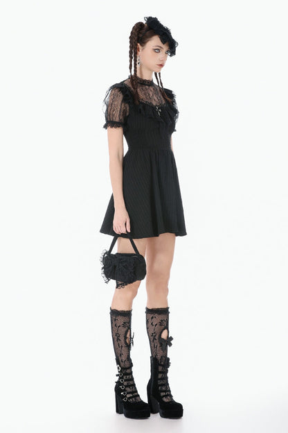 Black Lace Short Sleeves Cross Ruffled Women's Gothic Graduation Dress