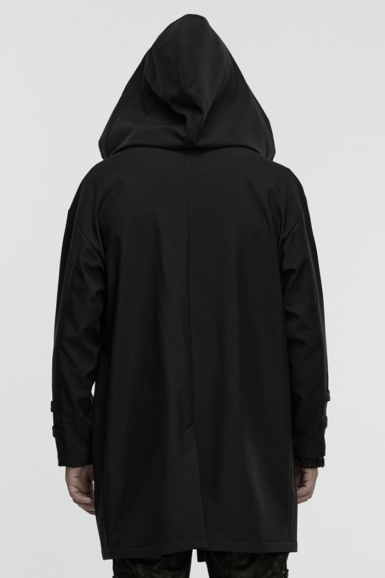 Black Lapel Collar Long Sleeves Hooded Zippered Eyelet Men's Gothic Coat