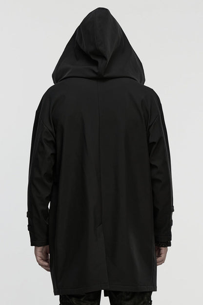 Black Lapel Collar Long Sleeves Hooded Zippered Eyelet Men's Gothic Coat