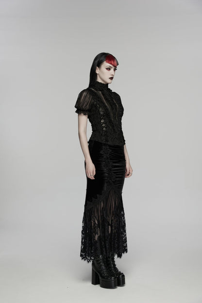 Black Embroidered Lace Slim Women's Gothic Fishtail Velvet Skirt