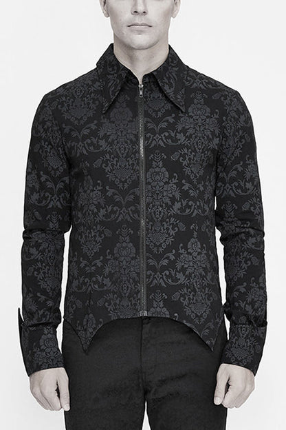 Black Folding Cuffs Palace Printed Zipper Mens Gothic Blouse