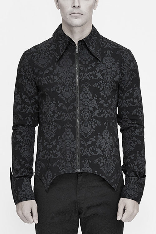 Black Folding Cuffs Palace Printed Zipper Mens Gothic Blouse