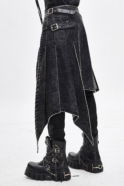 Black Band Metallic Nailed Punk Rock Worn Corduroy Wrapped Mens Skirt With Loops