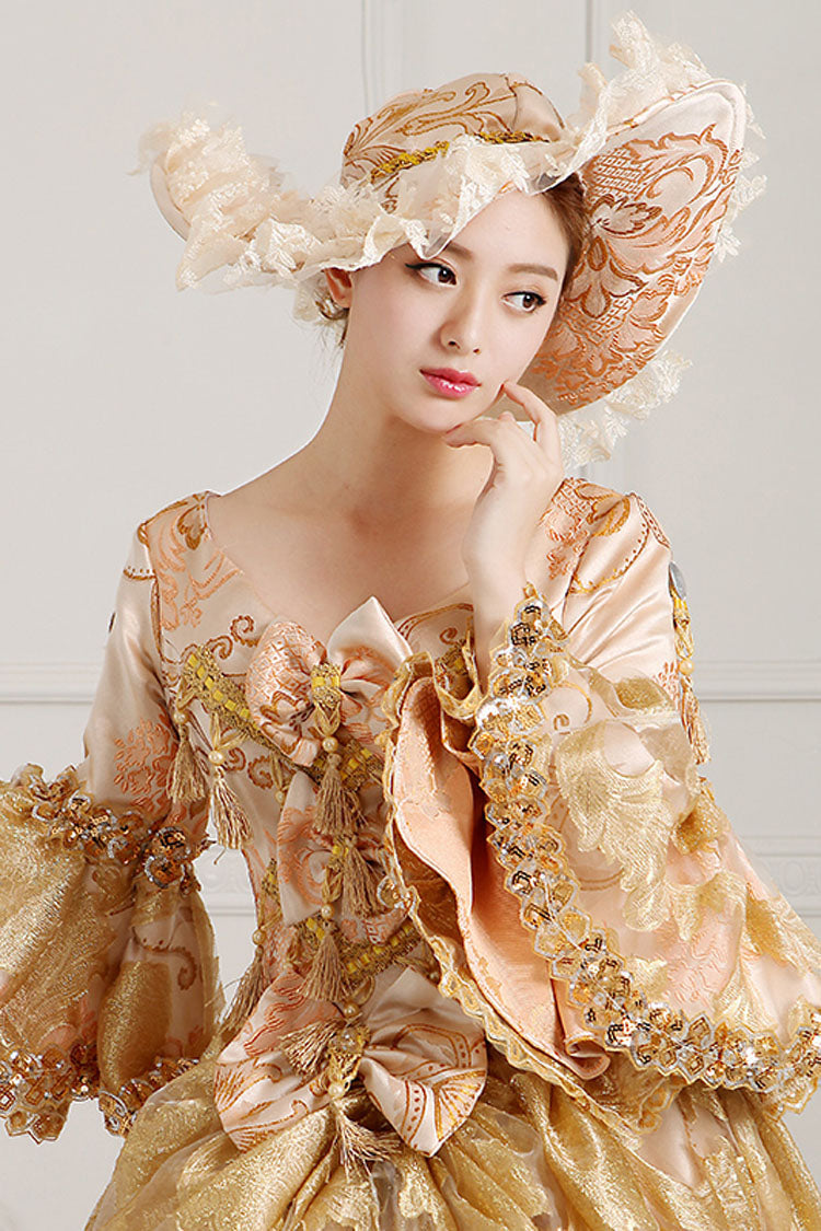 Beige/Golden Trumpet Sleeves High Waisted Embroidery Print Bowknot Multi-Layer Victorian Lolita Prom Dress