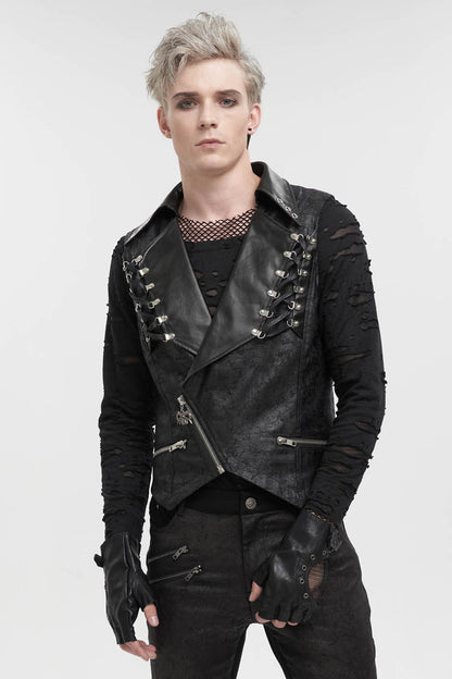 Black Lapel Fitted Atomized Crack Front Chest Crossover Rope Men's Punk Vest