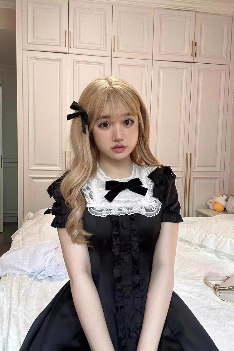 Black Annie's Gift Short Sleeves Bowknot Short Version Sweet Lolita Dress (Plus Size Support)