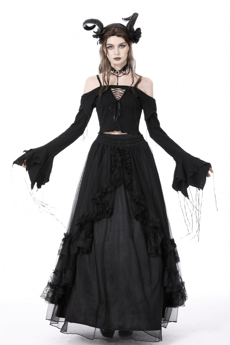 Black Off Shoulder Long Trumpet Sleeves Lace-Up Women's Gothic Sexy Crop Top