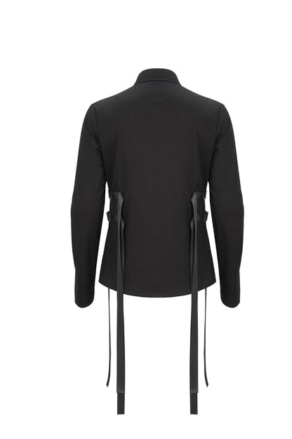 Black Nylon Strap Metal Buckle Decoration Long Sleeve Elasticity Men's Punk Shirt