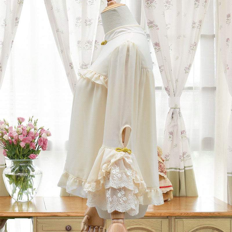 Apricot Chinese Style Cheongsam Stand Collar Lantern Sleeves Lolita Blouse