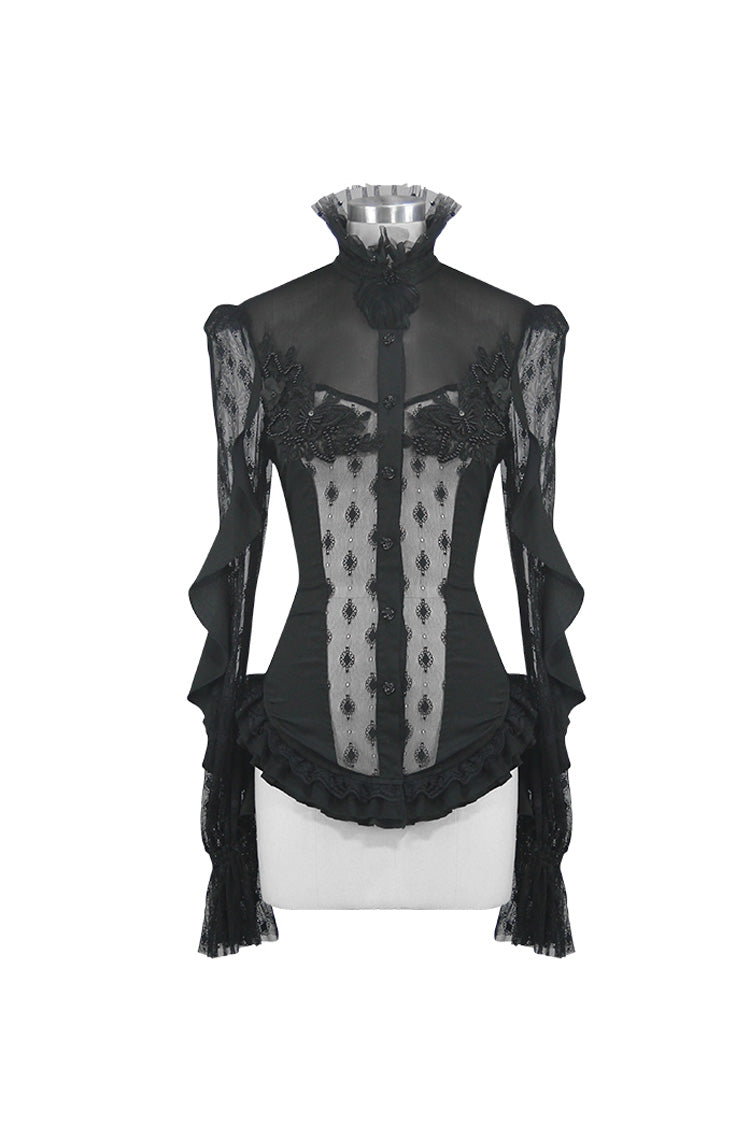 Black Chiffon High Collar Front Chest Beaded Flowers Lace Cuff Back Waist Lace Up Women's Gothic Blouse