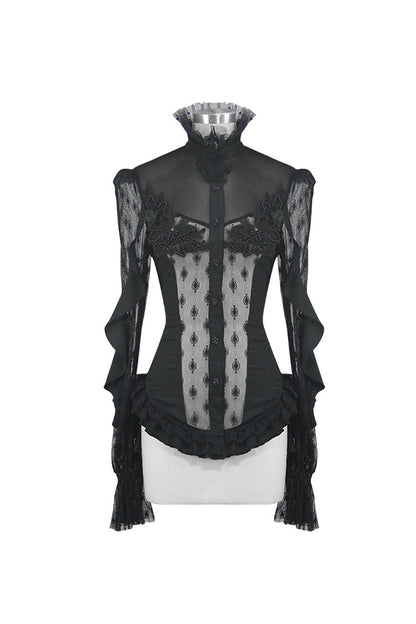 Black Chiffon High Collar Front Chest Beaded Flowers Lace Cuff Back Waist Lace Up Women's Gothic Blouse