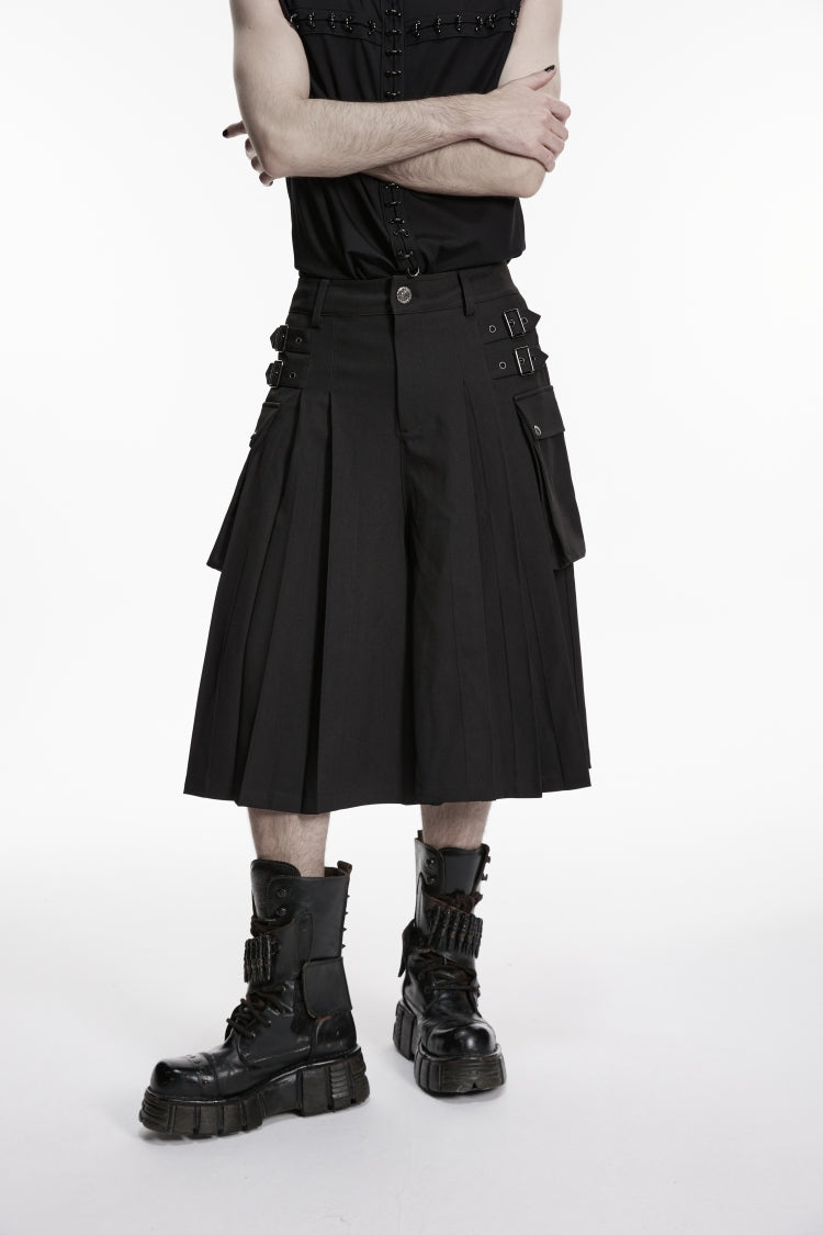 Black Buckled Big Pockets Pleated Men's Punk Pants