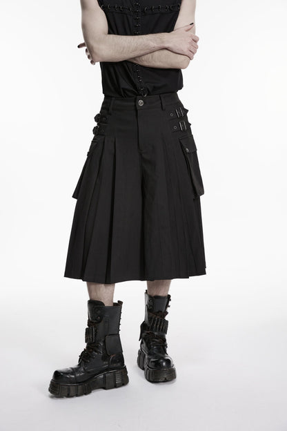 Black Buckled Big Pockets Pleated Men's Punk Pants