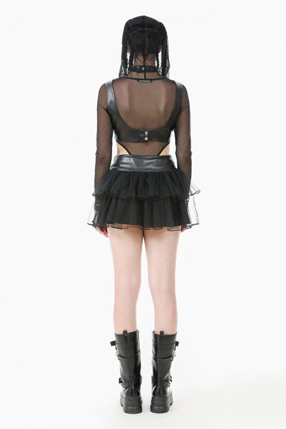 Black Multi-Layered Lace Mesh Women's Punk Short Skirt with D-Ring Ties Waist