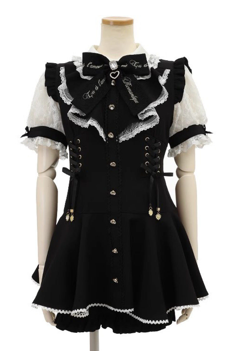 Black Japanese Diamond Buckle Heart Bow Lace Sweet Jirai Kei Dress Fake Two-piece Set