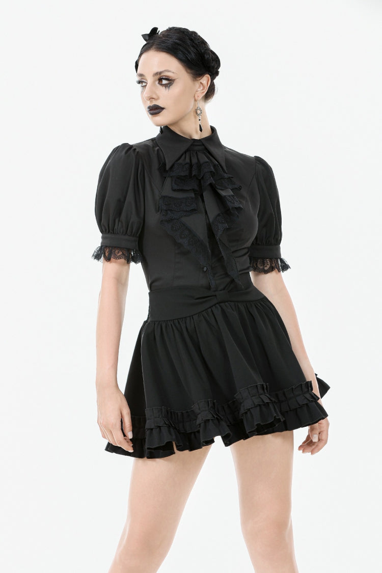Black Point Lapel Collar Short Puff Sleeves Women's Gothic Blouse with Removable Rosette Cravat