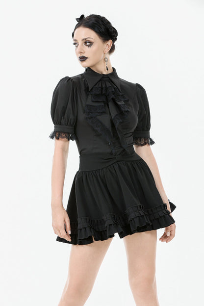 Black Point Lapel Collar Short Puff Sleeves Women's Gothic Blouse with Removable Rosette Cravat