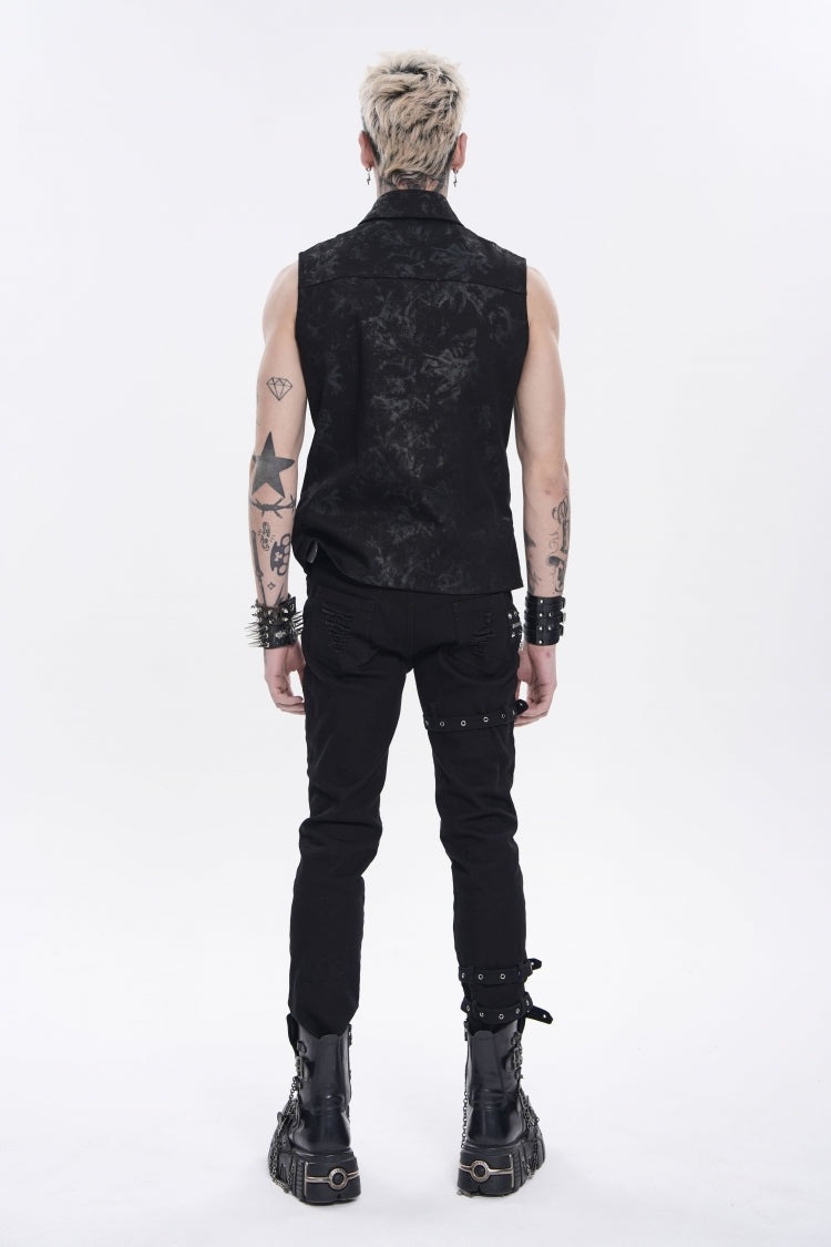 Black Lapel Collar Sleeveless Multi-Layered Printed Tie-dyed Buckled Men's Punk Shirt