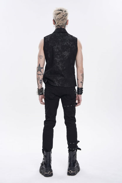 Black Lapel Collar Sleeveless Multi-Layered Printed Tie-dyed Buckled Men's Punk Shirt