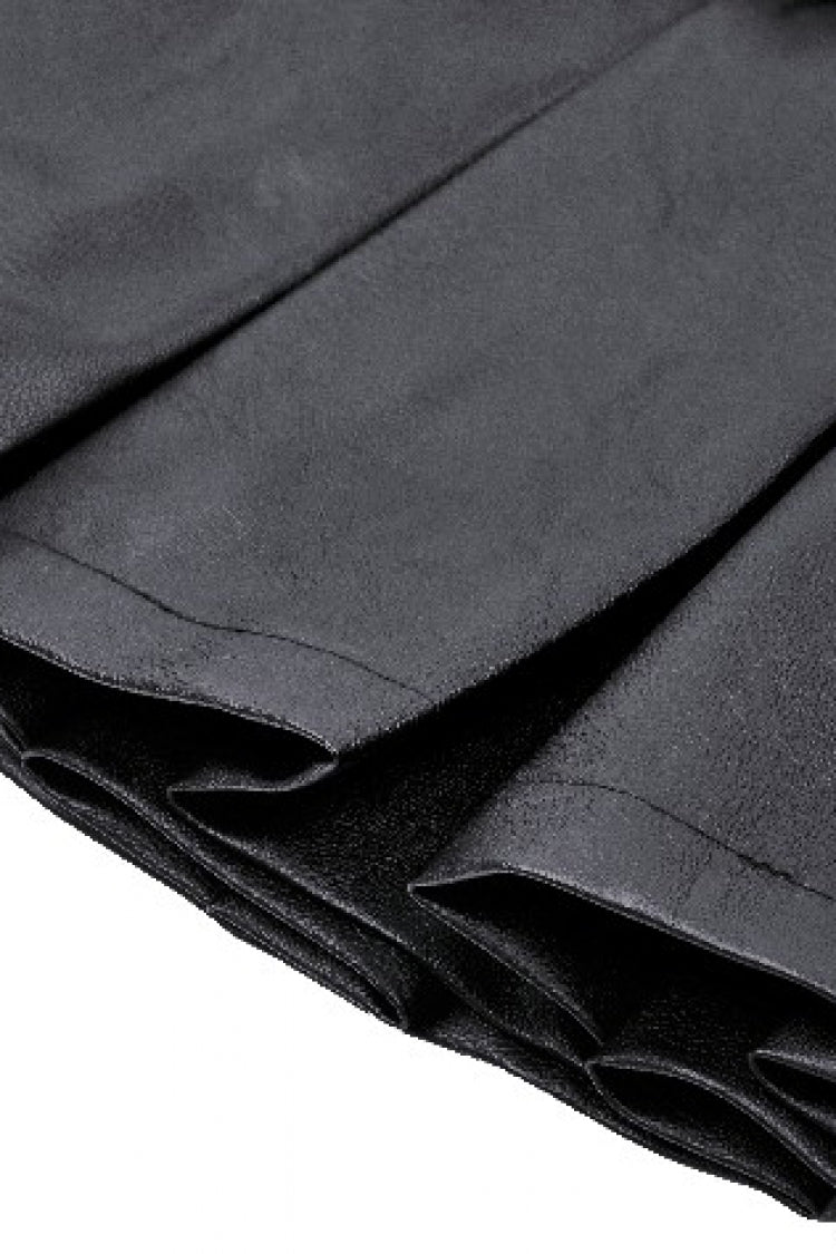 Black Low Waisted Buckle-Up Women's Punk PU Leather Pleated Mini Skirt