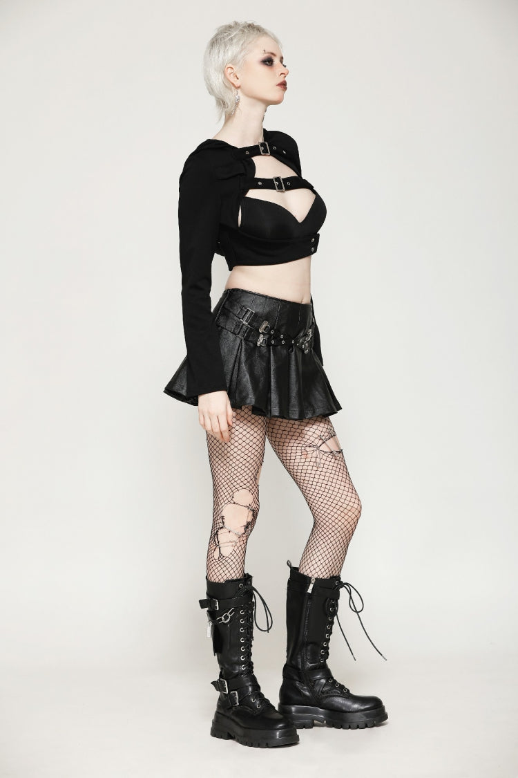 Black Low Waisted Buckle-Up Women's Punk PU Leather Pleated Mini Skirt