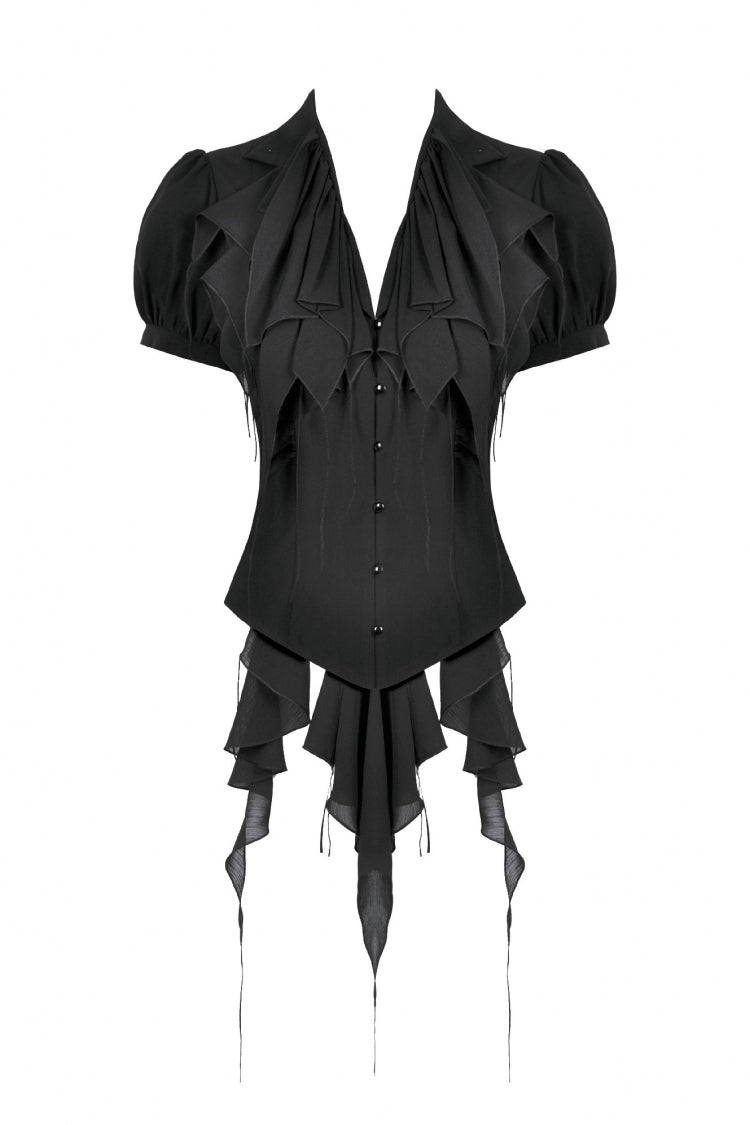 Black Multi-Layered Deep V Collar Pleated Short Puff Sleeves Lace-Up Gothic Blouse