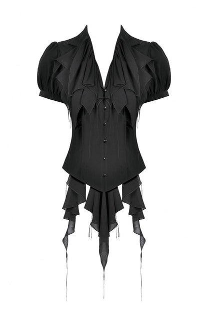Black Multi-Layered Deep V Collar Pleated Short Puff Sleeves Lace-Up Gothic Blouse