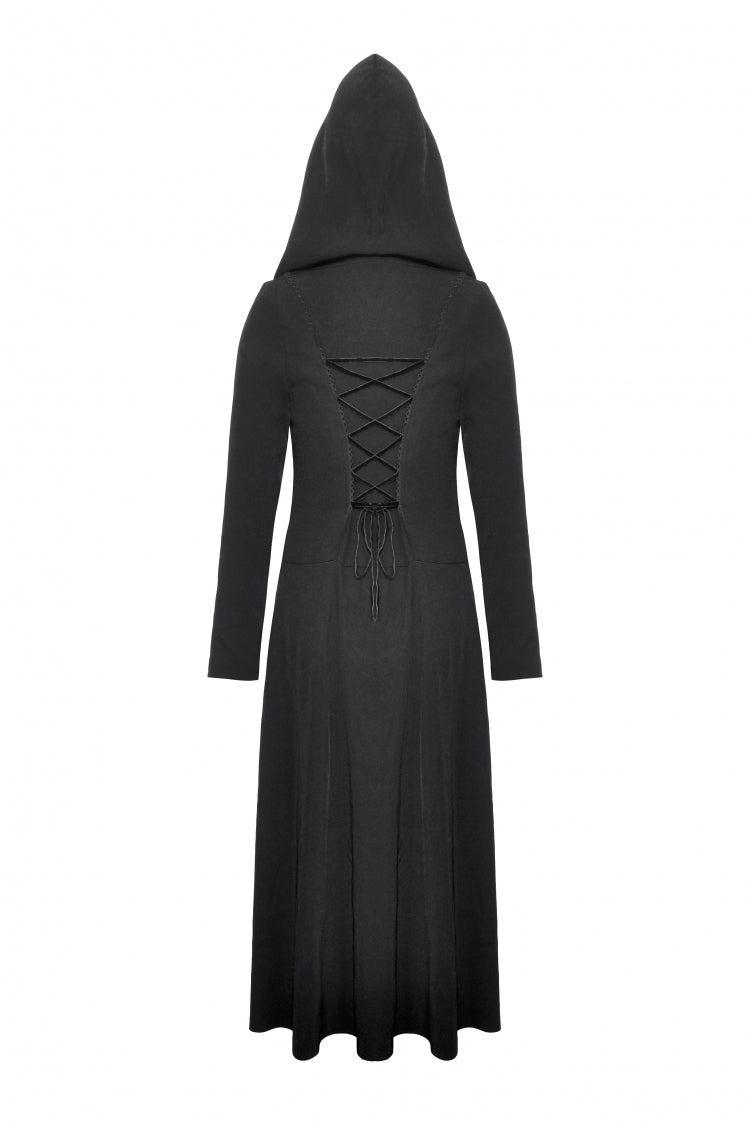 Black Long Sleeves Ruffled Lace-Up Women's Punk Long Jacket with Hood