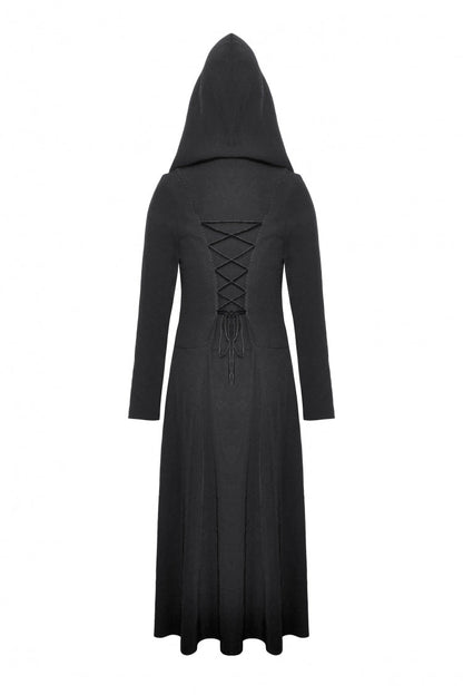 Black Long Sleeves Ruffled Lace-Up Women's Punk Long Jacket with Hood