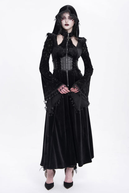 Black Long Sleeves Hollow Embroidery Hooded Ripped Women's Gothic Dress Coat