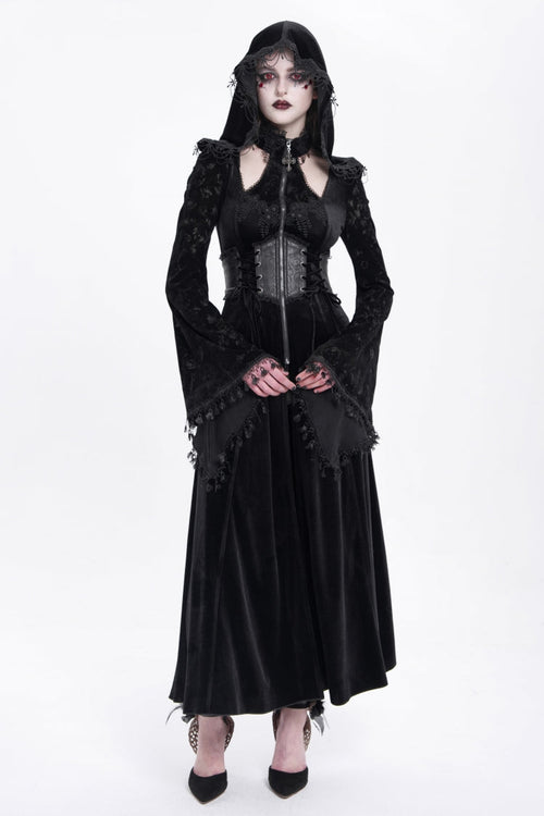 Black Long Sleeves Hollow Embroidery Hooded Ripped Women's Gothic Dress Coat