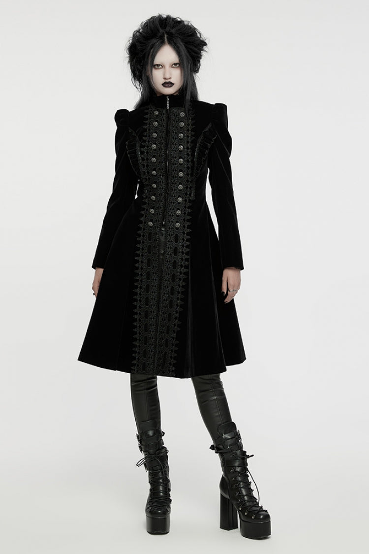 Black Long Puff Sleeves Floral Embroidery Women's Gothic Coat