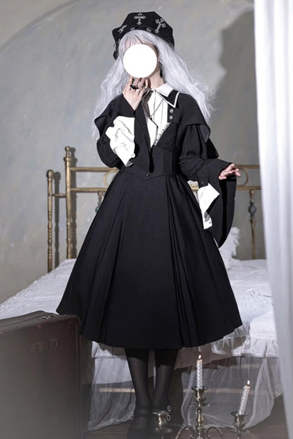 Black Cross Salute Nun Long Sleeves Ruffle Plus Size Gothic Lolita Strap Dress Set