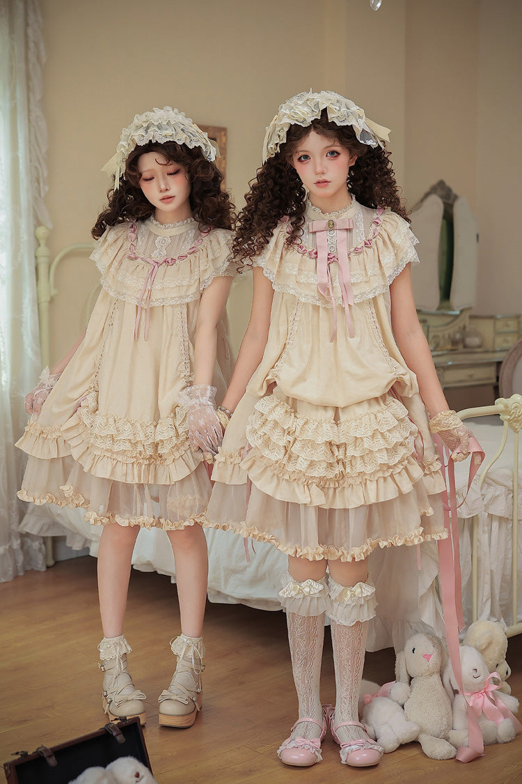 Apricot [Lily's Dream] Stand Collar Short Sleeves Loose-Fit Doll-Like Multi-Layered Ruffled Bow Lace Sweet Lolita Dress 2 Versions