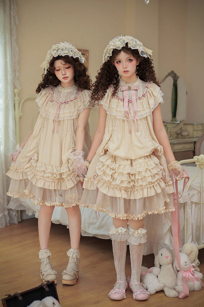 Apricot [Lily's Dream] Stand Collar Short Sleeves Loose-Fit Doll-Like Multi-Layered Ruffled Bow Lace Sweet Lolita Dress 2 Versions