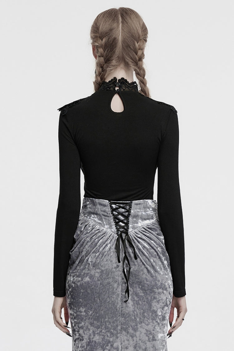 Black Long Sleeves Cowl Neck Stitching Lace Women's Gothic Blouse