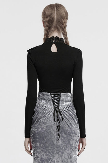 Black Long Sleeves Cowl Neck Stitching Lace Women's Gothic Blouse