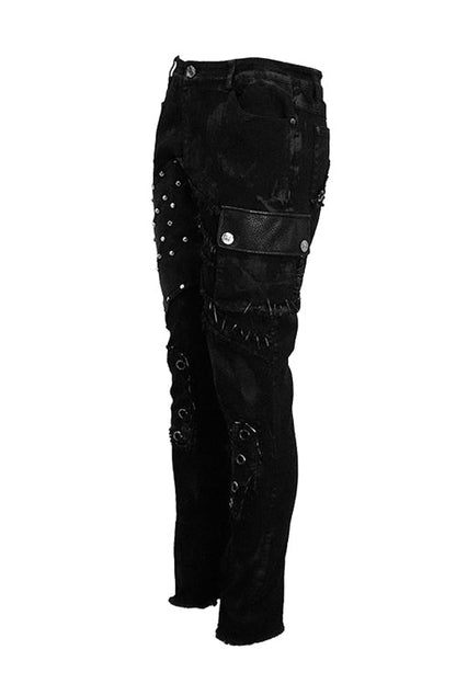 Black Heavy Metal Patchwork Hand Painted Pockets Mens Pants